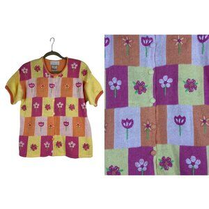 Mandal Bay Women's Patchwork Floral Colorful Short Sleeve Cardigan Large